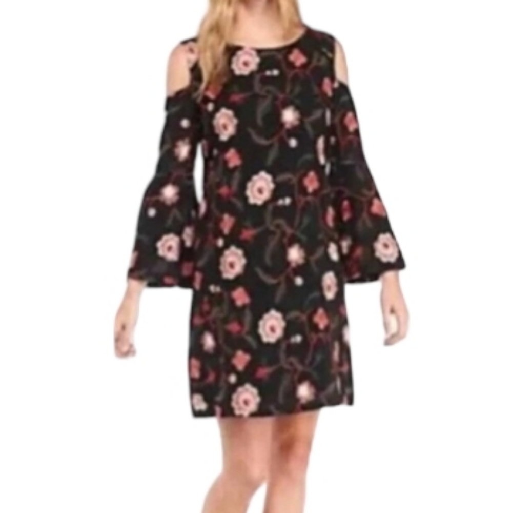 NWT Luxology Boho Heavily Embroidered Floral Black Cold Shoulder Dress Size 8